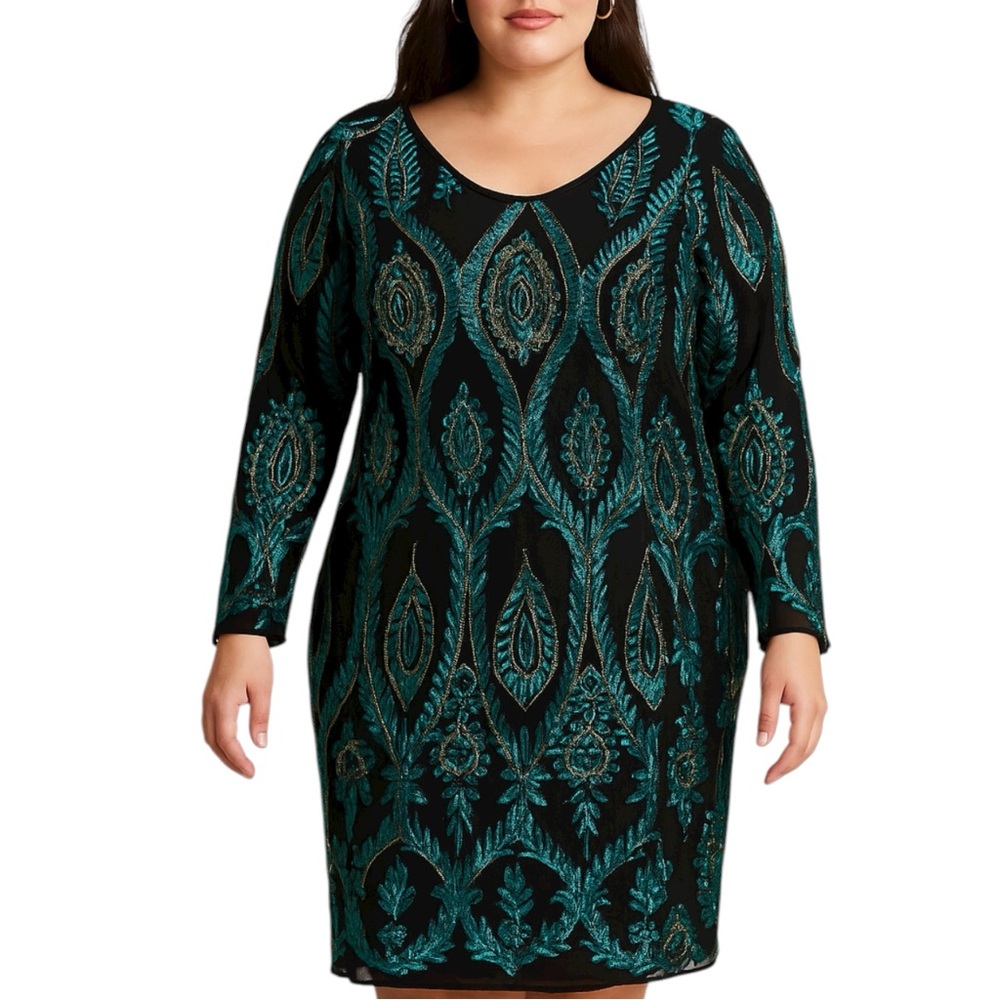 Boston Proper Teal Patterned Black Midi Dress